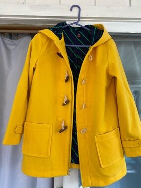 Bright Yellow Hooded Duffle Coat with Navy Stripe Lining
